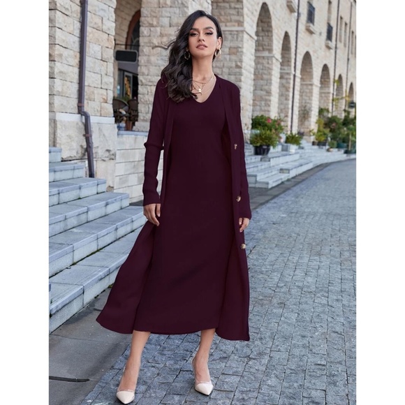 Maroon 2 Piece Set: Knit Midi Pencil Dress and Long Cardigan Button Through - Picture 4 of 15